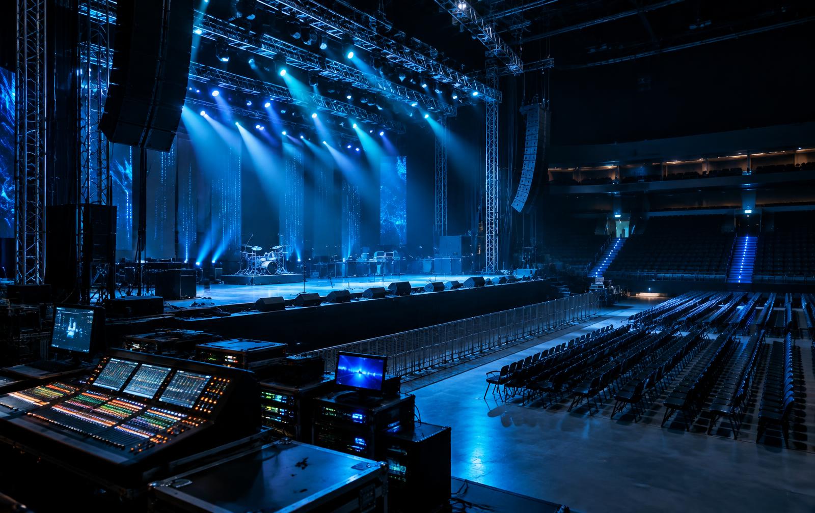 Palco preparado para um show, visto da mesa de produção